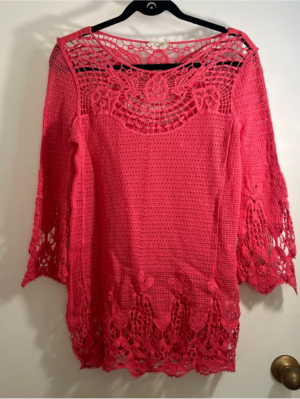 Capri Crochet Lace Accent Tunic /Coverup Coral Pink L/XL Cotton Boho Chic Beachy